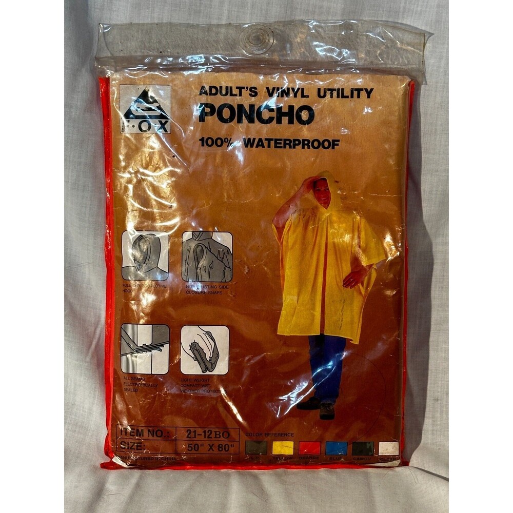 FOX Adult Vinyl Utility Poncho - Orange- Hooded- 100% Waterproof- New Old Stock